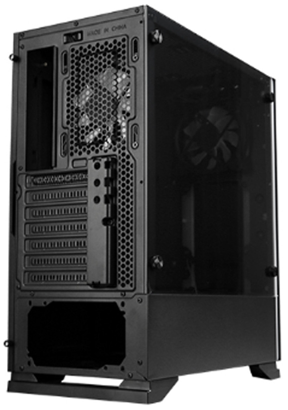 Case Zalman S5 černá Na obrázku je PC skříň Zalman S5, černá zezadu. V horní části je mřížka s otvory a za ní zadní ventilátor. Uprostřed vlevo jsou záslepky rozšiřujících slotů pro grafickou kartu a další karty. Dole je velký otvor pro napájecí zdroj, který se montuje do spodní části skříně. Na pravé straně je vidět tmavá průhledná bočnice a skříň stojí na nožkách.