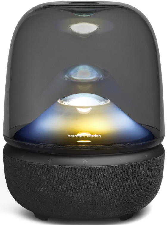 Reproduktor Harman Kardon Aura Studio 5 s jemným bílým a zlatým světelným efektem