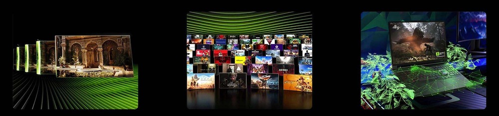 Notebook Lenovo Legion Pro 7 16IAX10H + Game Pass předplatné na 3 měsíce černý Vlevo několik monitorů zobrazuje realistickou architekturu; uprostřed je mřížka různých obalů videoher; vpravo je notebook s živou herní scénou obklopený dynamickou zelenou grafikou.