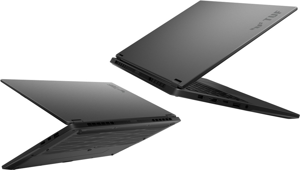 Detail notebooku Asus TUF Gaming A14 zezadu a z boků zobrazuje účinný systém chlazení a portovou výbavu