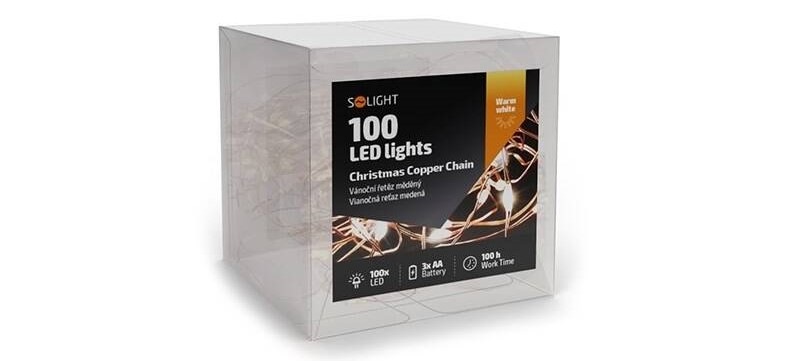 Vánoční osvětlení Solight řetěz měděný, 100x mini LED, 10m, 3 x AA, teplá bílá