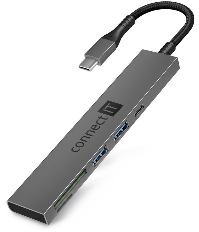 USB Hub Connect IT CompactPRO USB-C + čtečka karet, (2xUSB-A 3.0, 1xUSB-C) antracitový
