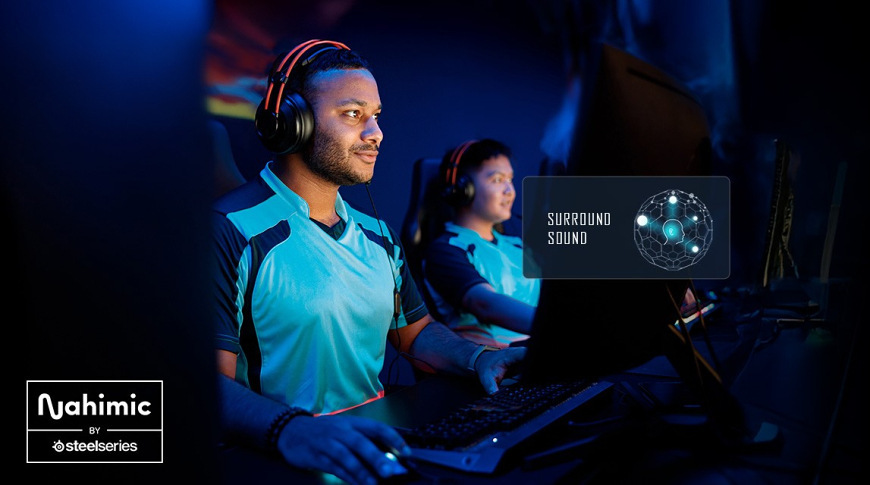 Základní deska ASRock B850M PRO RS WIFI Hráči s headsetem a ikonami prostorového zvuku Nahimic, zobrazující podporu audio funkcí základní desky