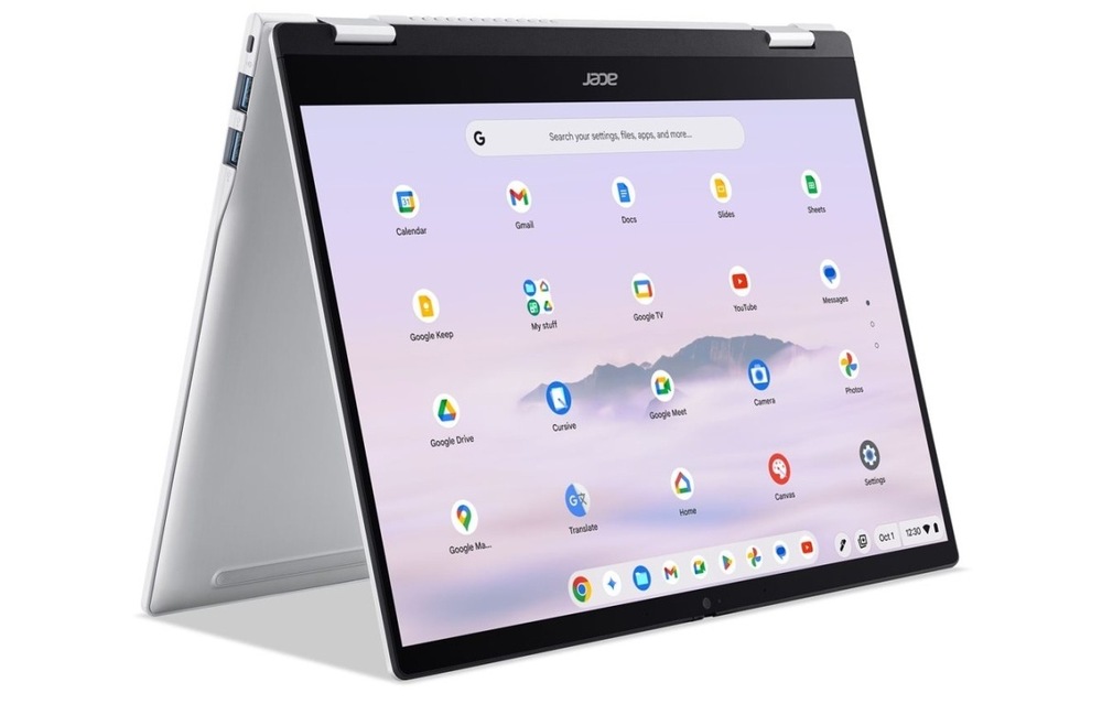Notebook Acer Chromebook Plus Spin 514 (CP514-5HN-K65H) stříbrný Notebook Acer Chromebook Plus Spin 514 (CP514-5HN-K65H) postavený do pozice stanu
