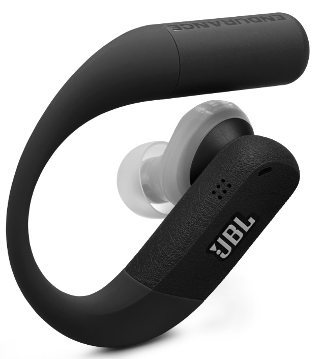 Sluchátka JBL Endurance Peak 4 černá/šedá Detail tvarovaného háčku a špuntu sluchátek JBL Endurance Peak 4 pro pevné usazení