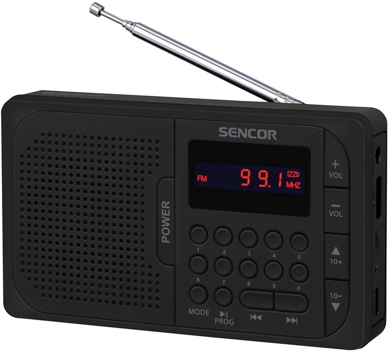 Přenosné rádio Sencor s teleskopickou anténou a FM displejem, boční pohled.