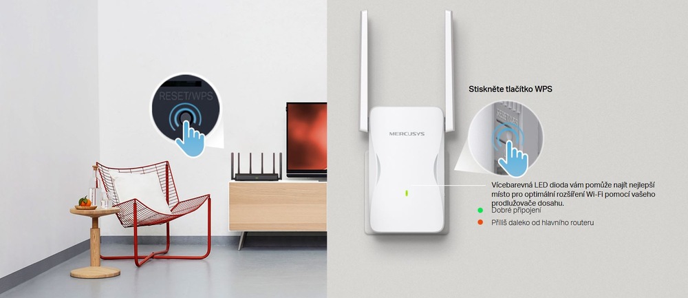 Moderní obývací pokoj s červeným drátěným křeslem, konferenčním stolkem a Wi-Fi routerem na dřevěné konzoli. Vpravo je zobrazen Wi-Fi extender Mercusys s pokyny k tlačítku WPS, které zdůrazňují návod k nastavení.