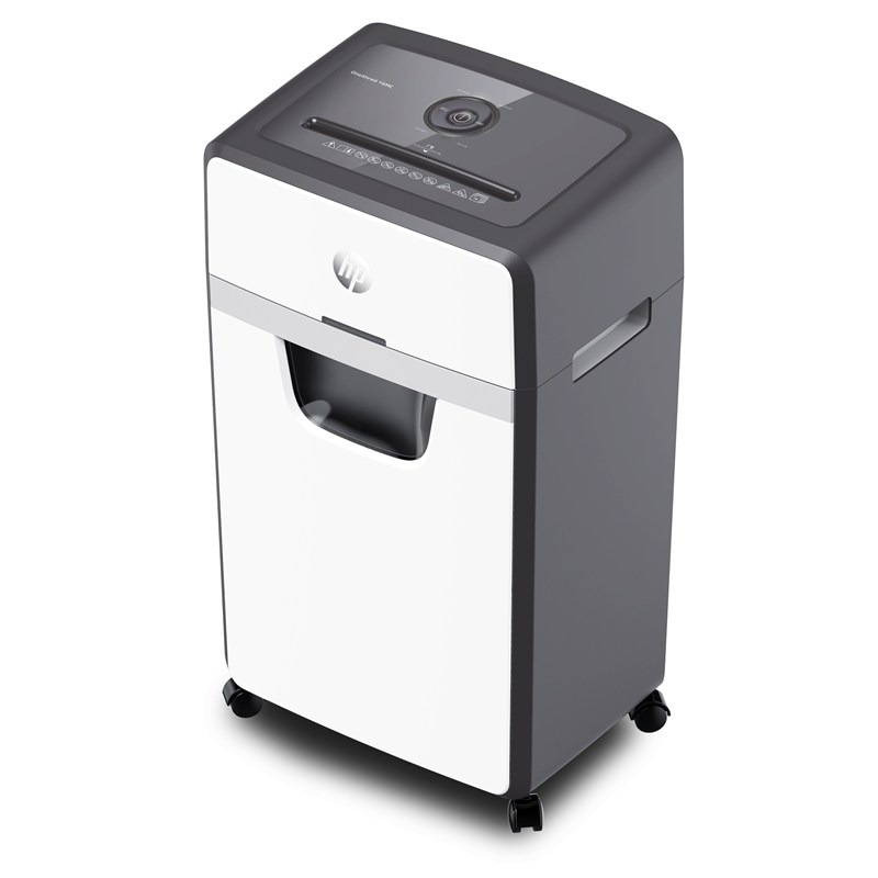 Skartovačka HP OneShred 16MC v bílé barvě.