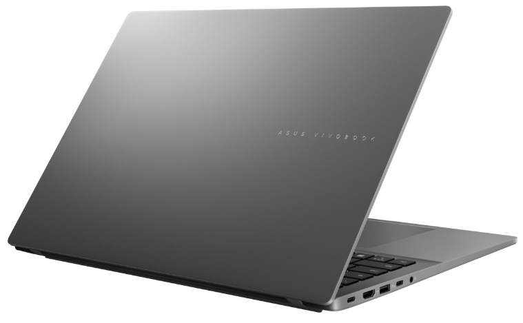 Zadní pohled na ASUS Vivobook S16 s matně šedým víkem a bočními konektory