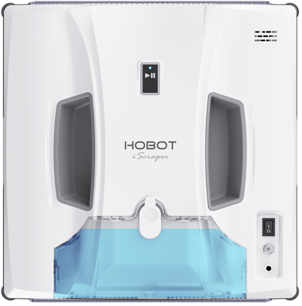 Detailní pohled shora na bílý robotický čistič oken HOBOT SP10 iScraper s nádržkou na vodu.