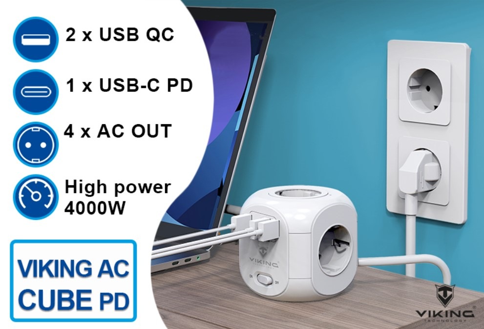 Kabel prodlužovací Viking AC CUBE PD, 4x zásuvka, 2x USB QC, 1x USB-C PD, 1,8m bílý