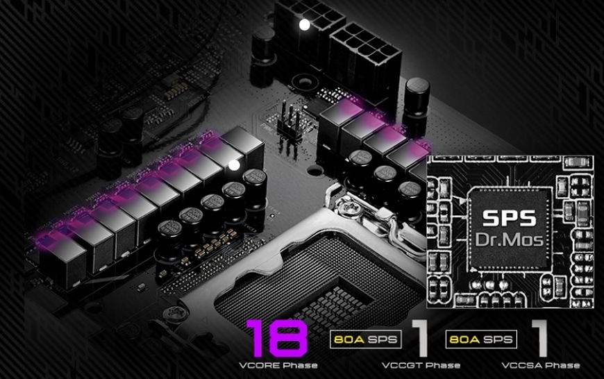 Základní deska ASRock Z890 RIPTIDE WIFI Detail napájecí kaskády základní desky ASRock Z890 RIPTIDE WIFI s SPS Dr.MOS fázemi