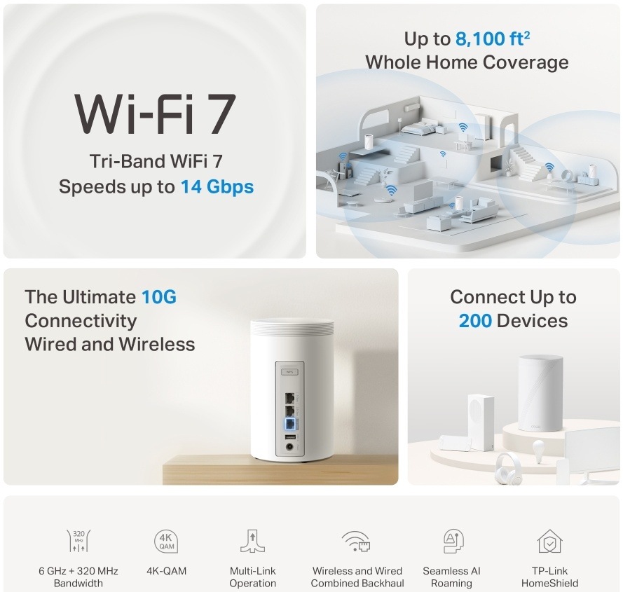 Komplexní Wi-Fi systém TP-Link Deco BE68 (1 ks) bílý Přehled funkcí Deco BE68: Wi-Fi 7 tri-band 14 Gbps, pokrytí 753 m2, 200 zařízení.