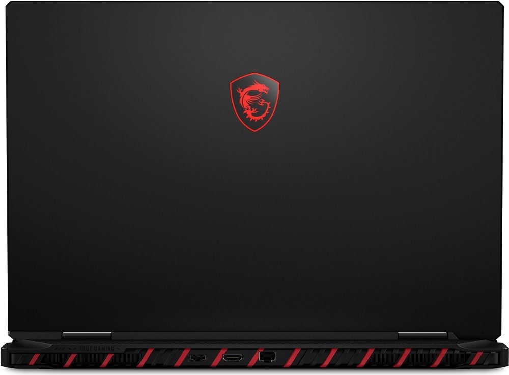 Notebook MSI Raider 18 Max HX A2WI-1042CZ černý Zadní pohled na MSI Raider 18 Max HX A2W s červeným logem draka a rozhraním Thunderbolt 5