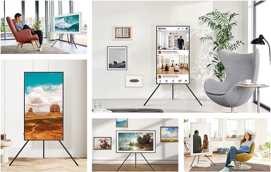 Stojan pro TV Samsung Auto-otočný na Studio Stand VG-ARAB43STD (2022) černý Koláž z pěti fotografií stojanu pro TV Samsung s televizí v různých pozicích a v různém prostředí