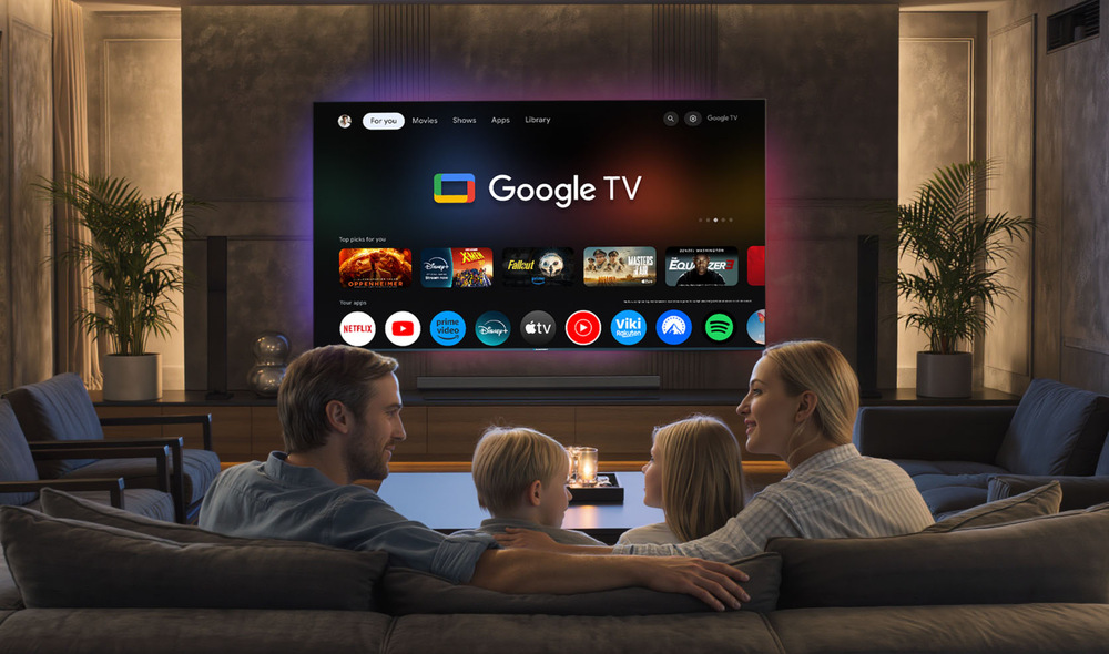 Čtyřčlenná rodina sedí na gauči v útulném obývacím pokoji a sleduje velkou televizi s rozhraním Google TV. Místnost je příjemně osvětlená, což vytváří uvolněnou atmosféru.