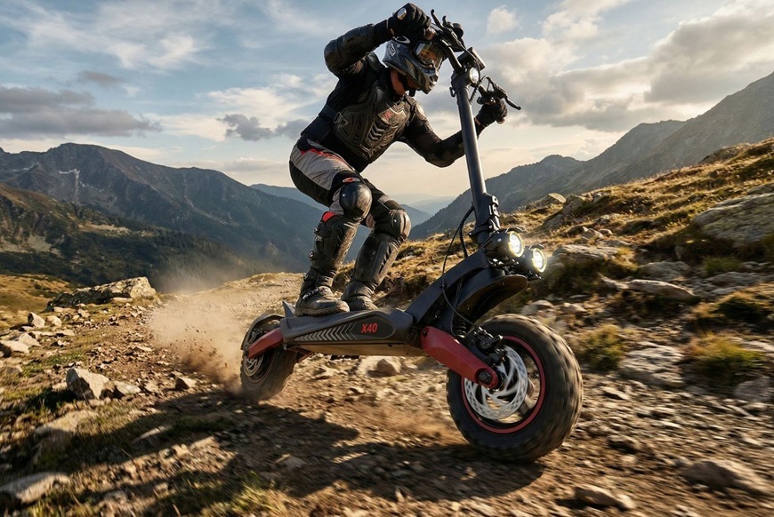 Elektrická koloběžka Sencor SCOOTER X40 černá Elektrická koloběžka Sencor SCOOTER X40 při dynamické jízdě v horském terénu.