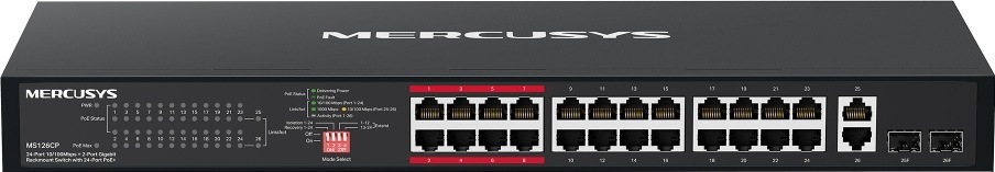 Čelní pohled na rackový switch Mercusys MS126CP s 24 porty RJ45 PoE+, dvěma gigabitovými porty RJ45, dvěma sloty SFP, stavovými kontrolkami a přepínači režimů.