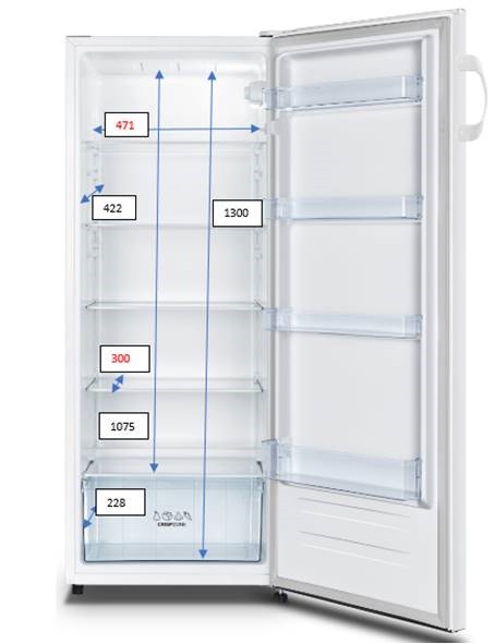 Chladnička Gorenje R4142PW bílá Na obrázku je otevřená lednice Gorenje R4142PW. Pro lepší přehlednost jsou na obrázku vnitřní rozměry.