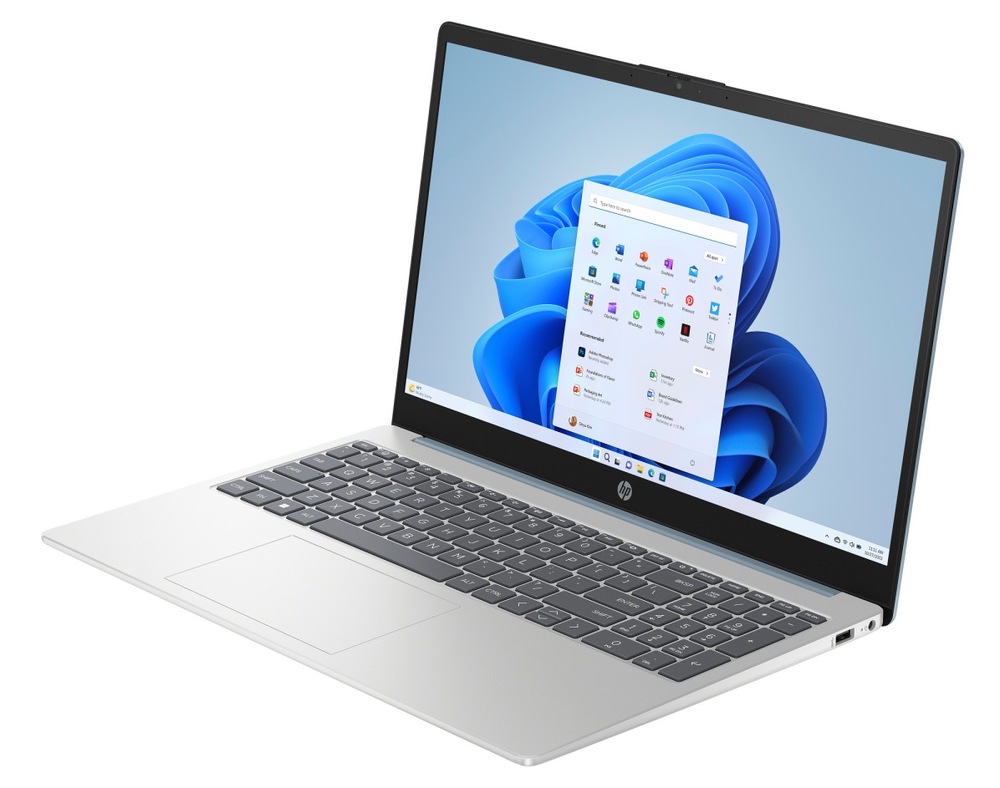Notebook HP 15-fd1603nc + Game Pass předplatné na 3 měsíce stříbrný/zlatý Notebook HP 15-fd1600nc otevřený, zapnutý a otočený doleva