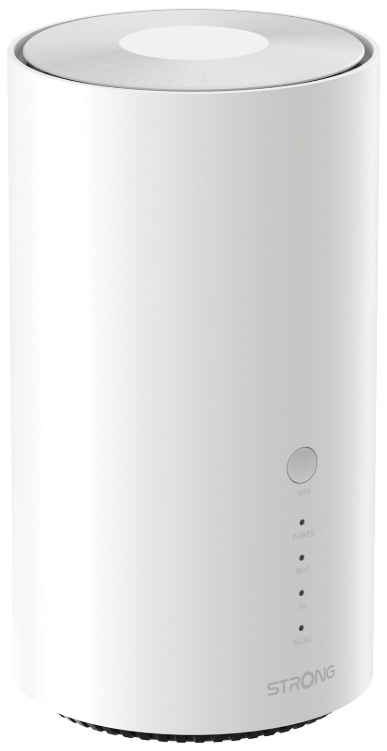 Přední pohled na router Strong BE7200 s LED indikátory Wi-Fi 5G a napájení