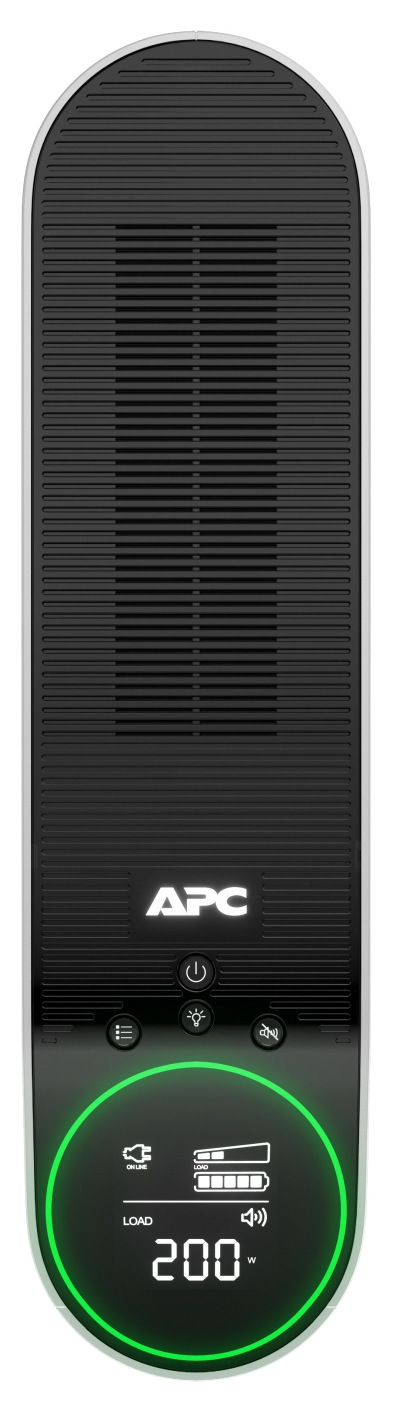 Záložní zdroj APC Pro 2200VA for Gaming, 230V, Pure Sinewave, LCD, Schuko, White bílý Na obrázku je horní pohled na záložní zdroj APC Pro 2200VA for Gaming. Je to vysoká černá věž se zaobleným vrchem a celou přední stranou tvořenou jemnou větrací mřížkou. Přibližně v dolní třetině je svítící logo APC. Úplně dole je velký kulatý LCD displej se zeleným světelným kroužkem, který ukazuje ikony stavu a velké číslo „200 W“. Nad displejem jsou tlačítka, včetně tlačítka napájení.