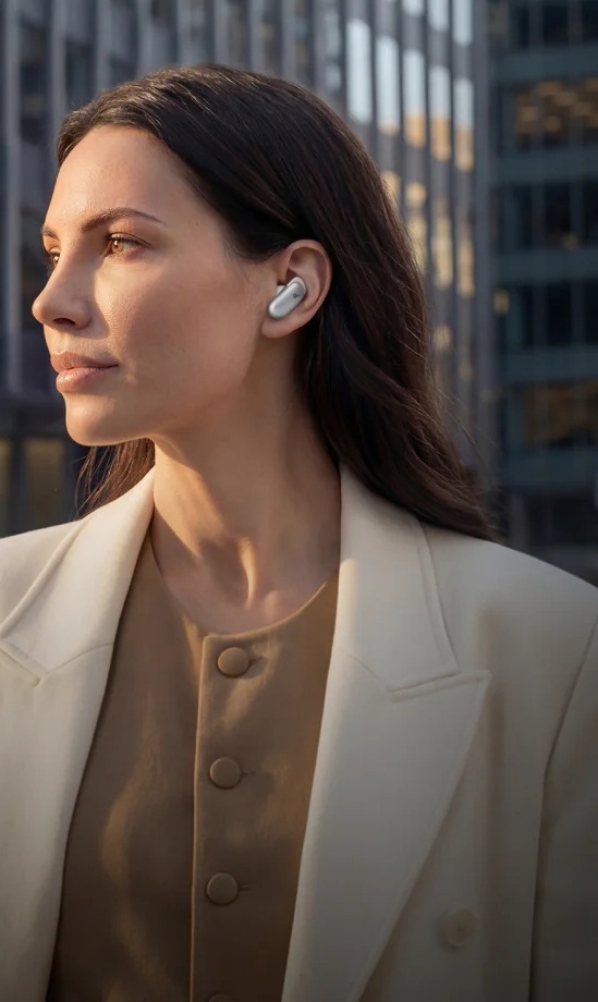 Sluchátka Anker soundcore Liberty 5 Pro černá Portrét ženy se sluchátky Anker soundcore Liberty 5 Pro