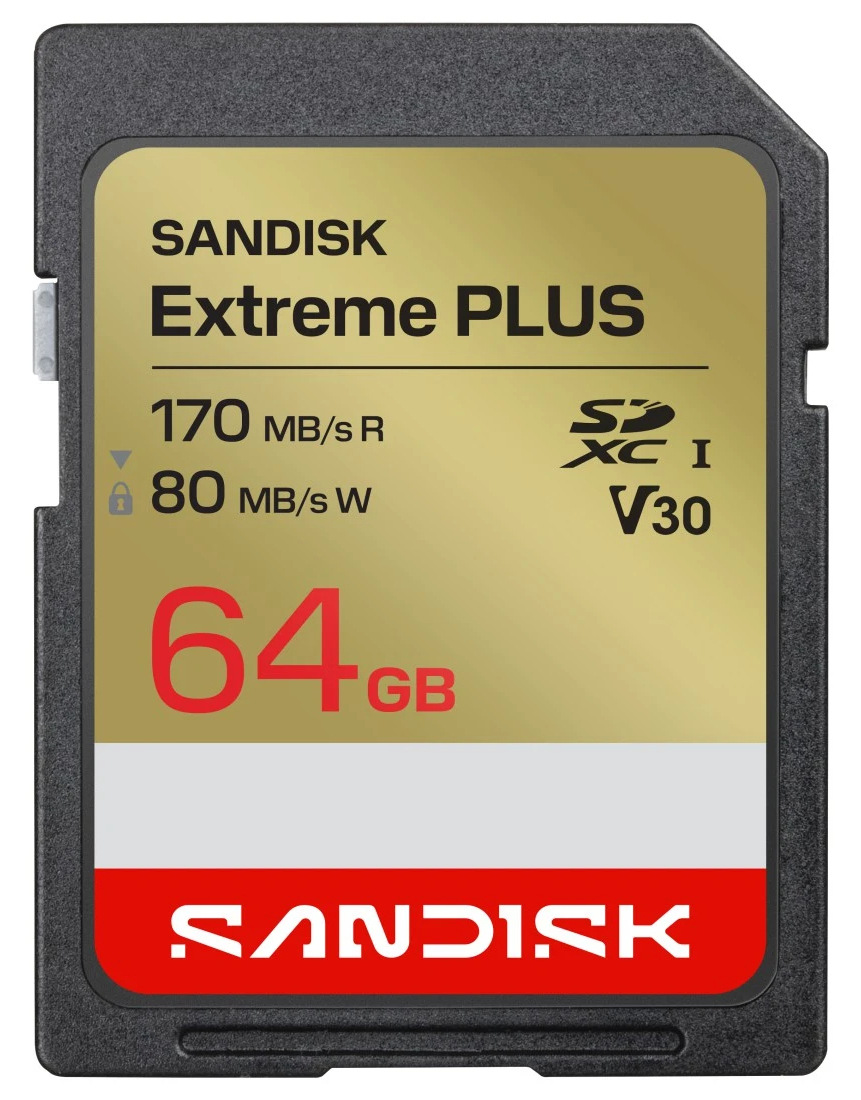 Paměťová karta SanDisk Extreme Plus SDXC 64 GB s rychlostní třídou V30 pro záznam videa ve vysokém rozlišení