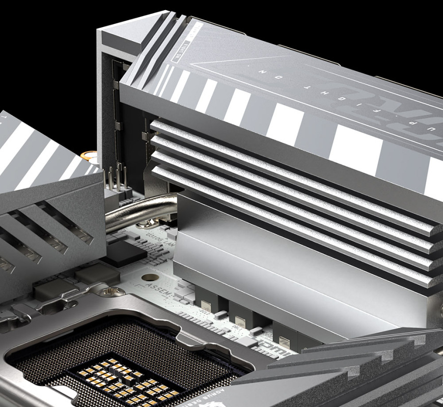 Detail chlazení VRM s žebrovaným hliníkovým pasivem na základní desce Gigabyte B860I AORUS PRO ICE