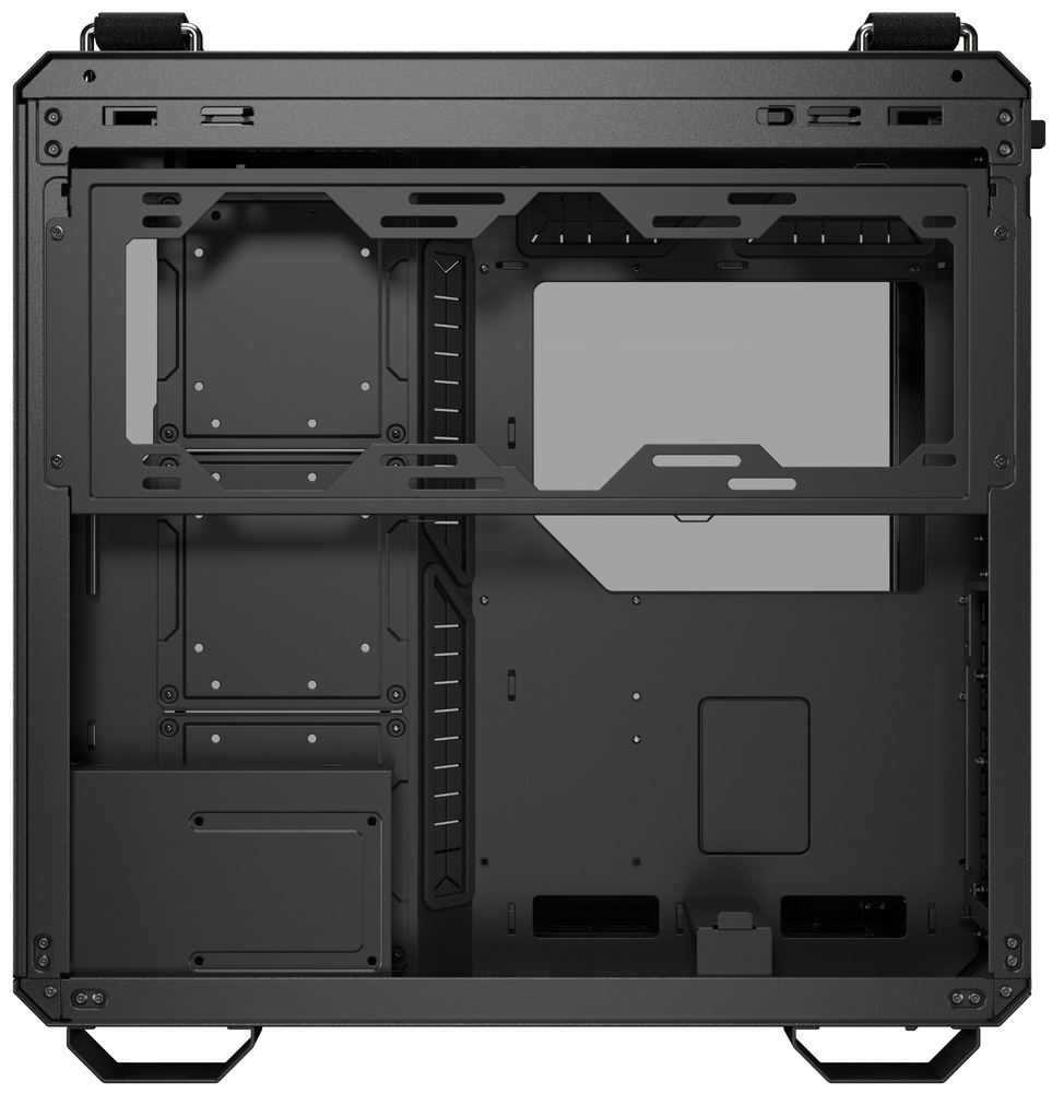 Case Asus TUF GAMING GT502 HORIZON černá Při pohledu do skříně přes pravý bok (se sundanou bočnicí) je vidět hlavně „servisní“ komora: vlevo je přepážka s velkými průchody pro kabely do hlavního prostoru a napravo perforované montážní plochy pro držáky/úložiště a případně ventilátory či radiátor. Nahoře je prostor pro trojici 120mm ventilátorů/radiátor (typicky 360 mm) a dole je otevřený tunel/část pro zdroj a vedení kabeláže, aby vše zůstalo schované a interiér působil čistě.