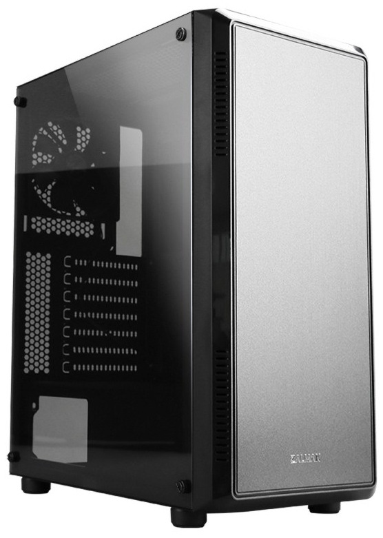 Na obrázku je PC skříň Zalman S4, černá/stříbrná. Je to klasická černá věž s průhlednou bočnicí (tónované sklo), přes kterou je vidět vnitřek a perforace pro ventilátor. Přední strana je výrazně jiná – tvoří ji hladký stříbrný panel orámovaný černým rámem, dole s malým logem Zalman. Skříň stojí na čtyřech krátkých nožkách a působí jednoduše, bez podsvícení.