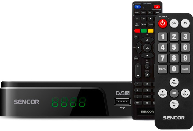 Set-top box Sencor SDB 525T SENIOR s displejem a dvěma dálkovými ovladači pro DVB-T2