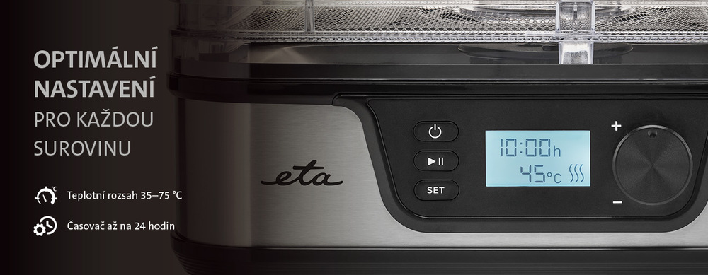 Sušička ovoce ETA Secca Premium 9301 90000 Detail ovládacího panelu sušičky potravin ETA Secca Premium s displejem, regulací teploty 35–75 °C a časovačem na 24 hodin