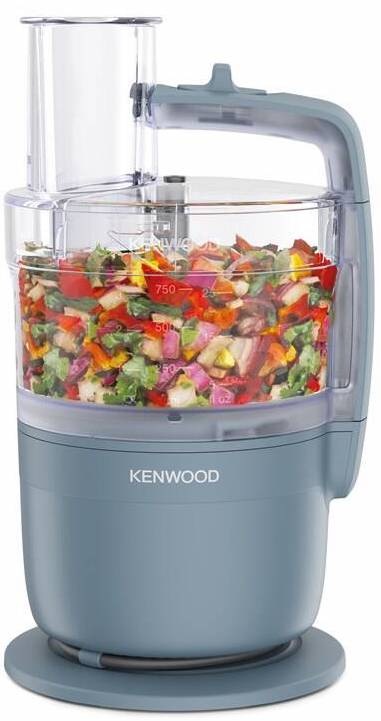 Kuchyňský robot Kenwood MultiPro Go FDP23.140.GY modrý s průhlednou nádobou naplněnou nakrájenou zeleninou