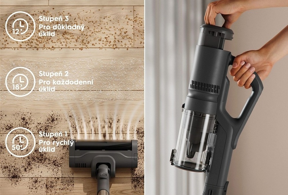 Tyčový vysavač Electrolux 500 Animal EP51AH18DG šedý Vlevo vysavač vysává různé druhy nečistot z tvrdé podlahy. Vpravo vyměnitelná baterie.