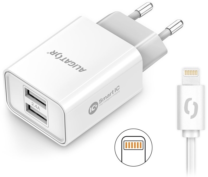 Nabíječka do sítě Aligator 2,4A, 2xUSB, smart IC, USB kabel pro Apple bílá