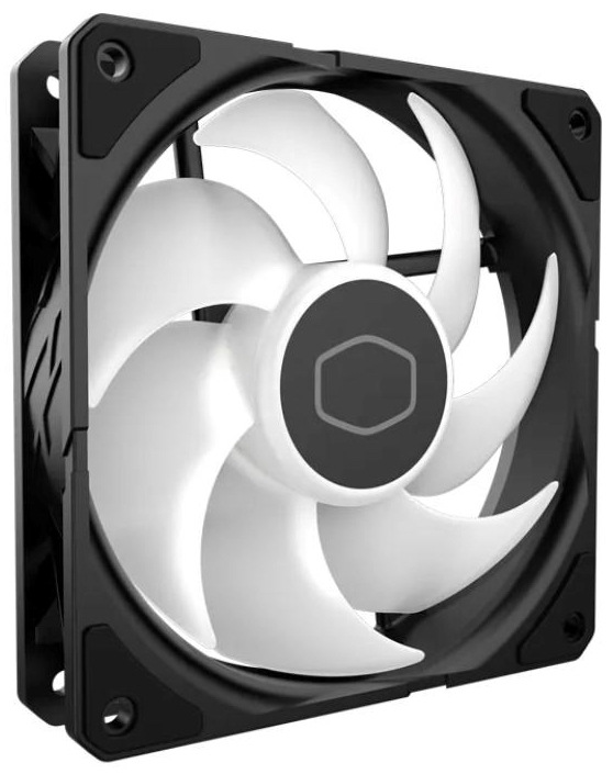 Na obrázku je ventilátor Cooler Master SickleFlow Edge 120 ARGB, PWM bez rozsvíceného podsvícení. Má černý čtvercový rámeček se čtyřmi montážními otvory v rozích a uvnitř světlé (bílé) lopatky stočené do „vrtule“. Uprostřed je kulatý střed s jednoduchým symbolem. Ventilátor je vyfocený mírně z boku, takže je vidět i jeho tloušťka a boční část rámu.