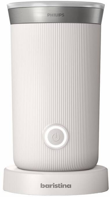 Philips Baristina BAR311/00 bílý automatický napěňovač mléka s jedním tlačítkem na přední straně a kovovým horním lemem, stojící na podstavci s logem baristina