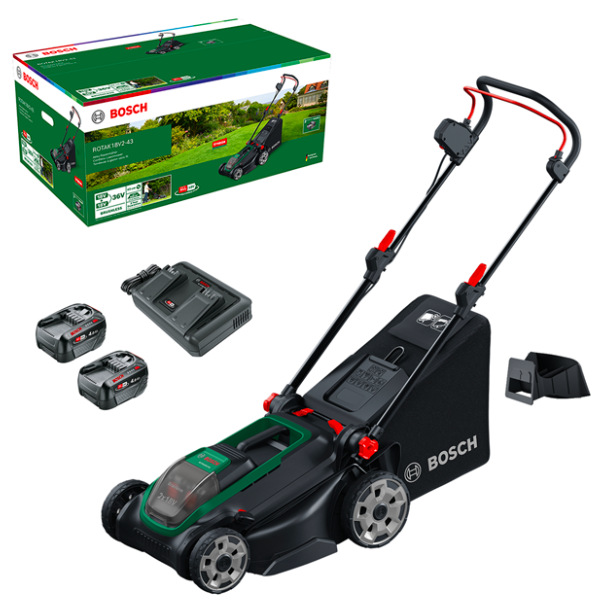 Akumulátorová sekačka Bosch ROTAK 18V2-43 s dvěma bateriemi 4,0 Ah, nabíječkou a košem 50 l