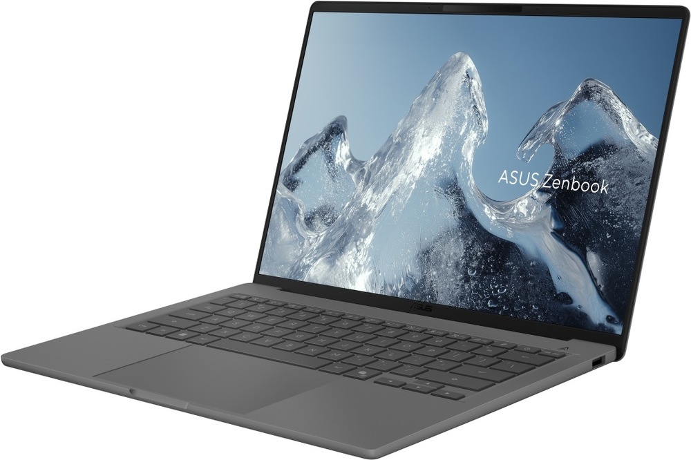 Notebook Asus Zenbook A14 šedý Notebook ASUS Zenbook A14 v otevřené poloze s tenkými rámečky displeje