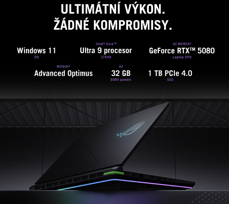 Asus ROG Strix G18 s podsvíceným šasi a přehledem výkonové výbavy