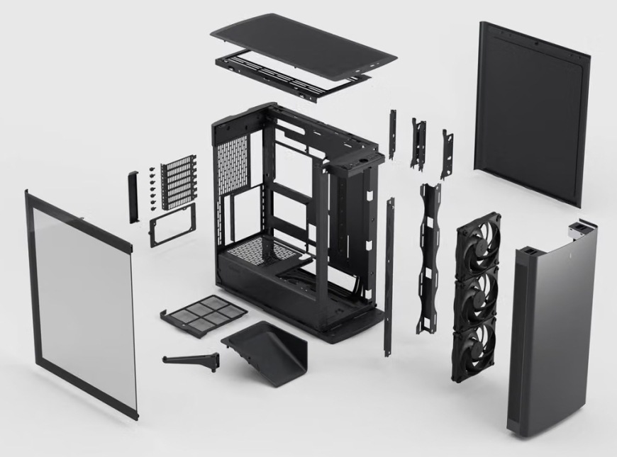 Case FRACTAL DESIGN Define One Dark TG Light Tint černá Rozložená konstrukce skříně FRACTAL DESIGN Define One Dark TG Light Tint s tvrzeným sklem, panely, ventilátory a držáky