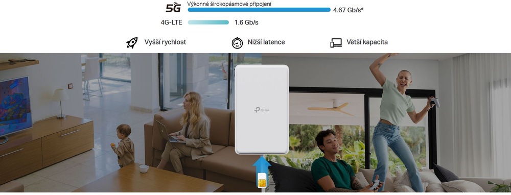 Moderní obývací pokoj s routerem v popředí a ikonami znázorňujícími 5G funkce. Dítě sleduje televizi, zatímco dva dospělí hrají akční videohru a využívají rychlý internet.