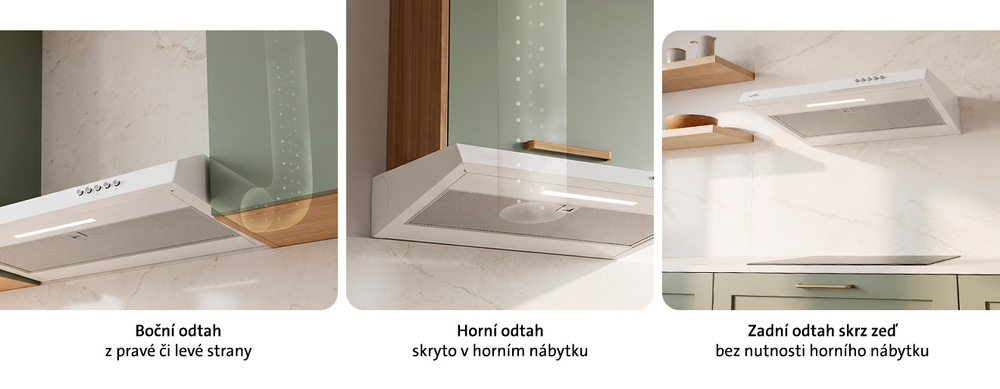 Schéma tří možností zapojení odtahu bílé podskříňové digestoře ETA 3984: boční odtah z pravé nebo levé strany, horní odtah skrytý v horní skříňce a zadní odtah přímo skrz zeď bez nutnosti horního nábytku