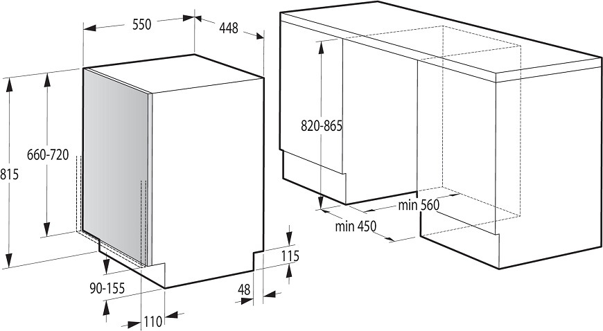 Vestavná myčka Gorenje GV583B10AD, rozměry pro zabudování