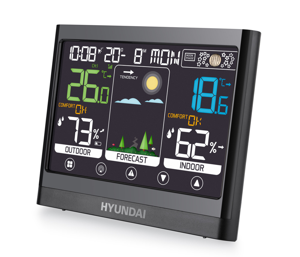 Meteorologická stanice Hyundai WS 2450 černá Hlavní jednotka meteostanice Hyundai WS 2450, natočená z boku, zobrazující naměřená data