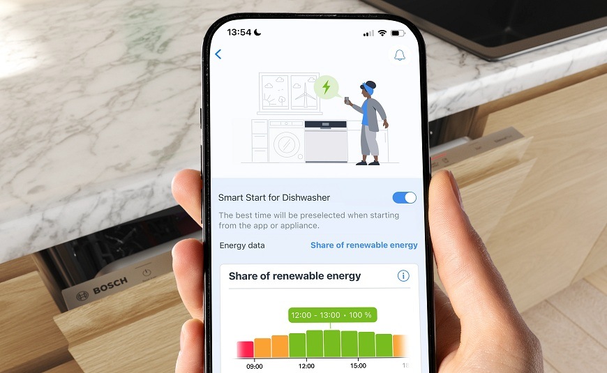 Funkce Smart Start pro myčky Bosch zobrazená v mobilu v aplikaci Home Connect