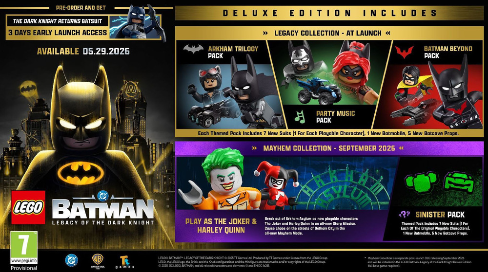 Hra Warner Bros Nintendo Switch 2 LEGO Batman: Legacy of the Dark Knight Deluxe Edition (Game-Key Card) Grafika znázorňující výčet obsahu hry LEGO Batman: Legacy of the Dark Knight Deluxe Edition.