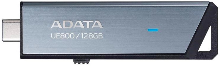 Detail kovového těla ADATA UE800 128GB s výsuvným USB-C konektorem a LED indikací