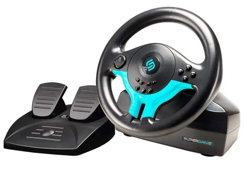 Sada volantu a pedálů SUPERDRIVE SV250 SP Edition Red v černo-modré barvě.